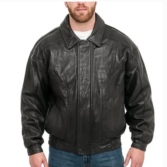 Global Identity Men’s Black Leather Bomber Jacket 2XL Tall – Vintage Heavyweight - Picture 2 of 10